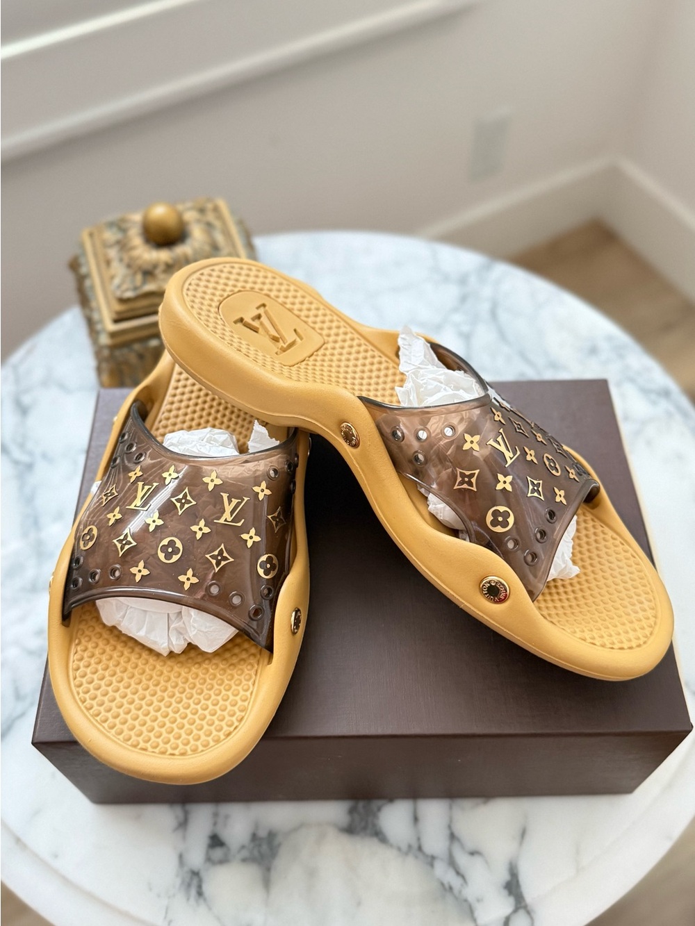 Louis Vuitton Monogram Slide Sandals in Brown & Tan - Picture 2 of 6